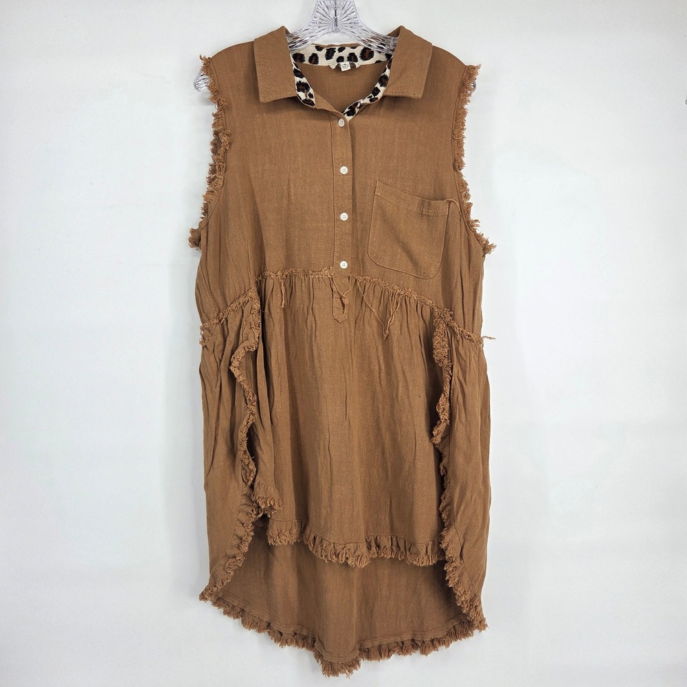 Umgee Tunic Top M Brown Linen Blend Frayed Raw Edge Boho Eclectic Western Safari